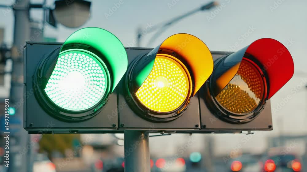 City Traffic Lights Changing at Busy Intersection in Urban Evening Scene