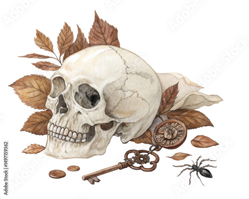 watercolor skull dead leaves rose antique key watch spider illustration skull and crossbones on black isolated on white background.