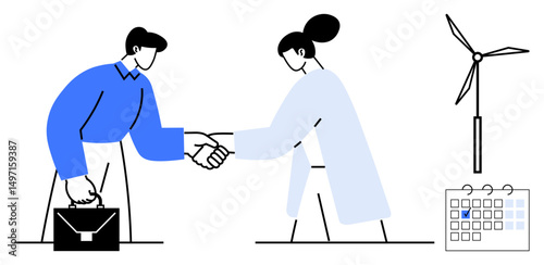 Two professionals shaking hands symbolizing partnership, wind turbine for renewable energy, calendar for planning. Ideal for sustainability, business deals, teamwork, renewable projects, planning