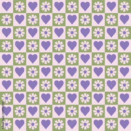 Colorful seamless pattern with patchwork like squares with flowers and hearts