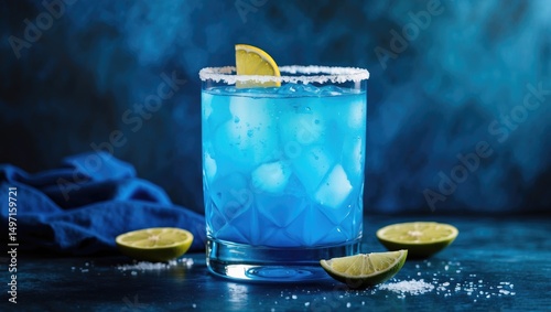 A blue cocktail in a glass with lemon wedges and salt, with additional lemon slices and a blue cloth nearby. photo