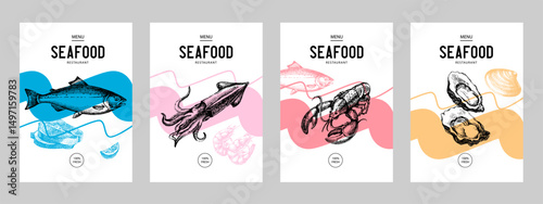 Sketch vintage seafood banner set. Hand drawn vector illustration