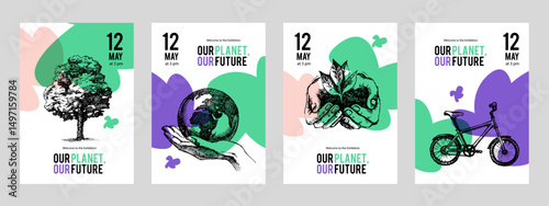 Hand drawn vintage eco-friendly ecology banner set. Green project and exhibition design. Vector sketch vector illustration