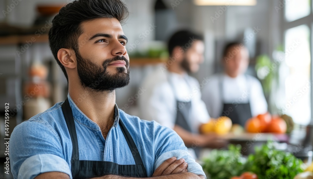 Fototapeta premium Confident Man With Arms Crossed, Learning And Observing Cooking Class, Kitchen Setting