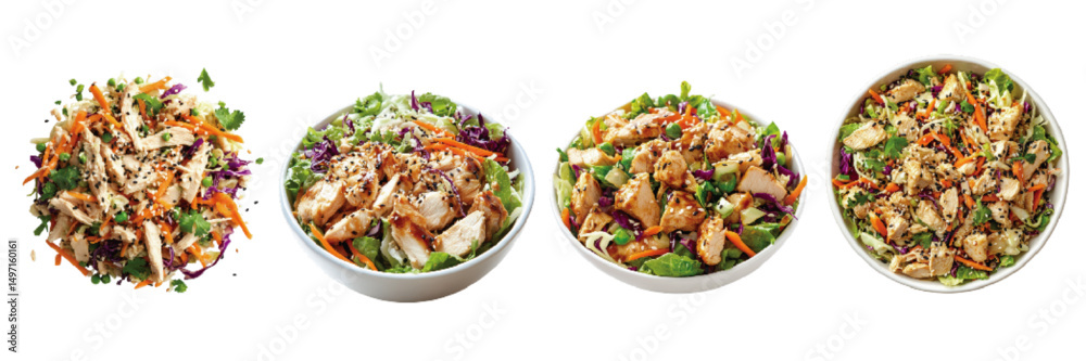 Fresh and colorful salad bowls featuring grilled chicken, mixed greens, and vibrant vegetables arranged on a white background Fresh and colorful salad bowls featuring grilled chicken, mixed greens, and vibrant vegetables arranged on a white background