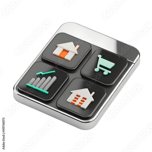 A 3D-style icon of a cost of living calculator icon with home, shopping cart, and dollar comparison chart, Black and silver theme