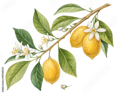 botanical lemon flower illustration isolated on white background.