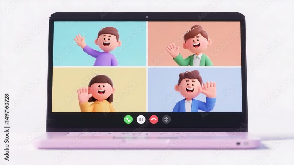3d cartoon-style laptop screen displays a joyful video call with four smiling characters waving in separate windows, symbolizing remote work, online communication, and virtual teamwork in a fun way