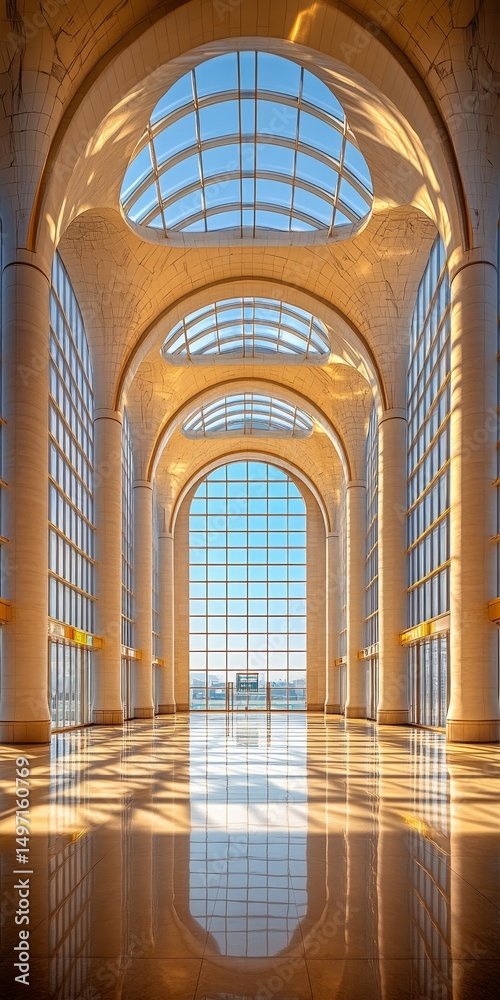 Naklejka premium Bright Sunlight Streams Through Archways in Modern Building Interior