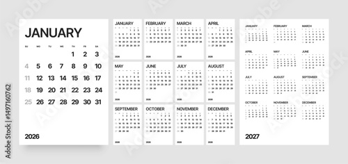 Monthly calendar layout for 2026 year. Vertical diary planner for 2026 year. Week Starts on Sunday. 