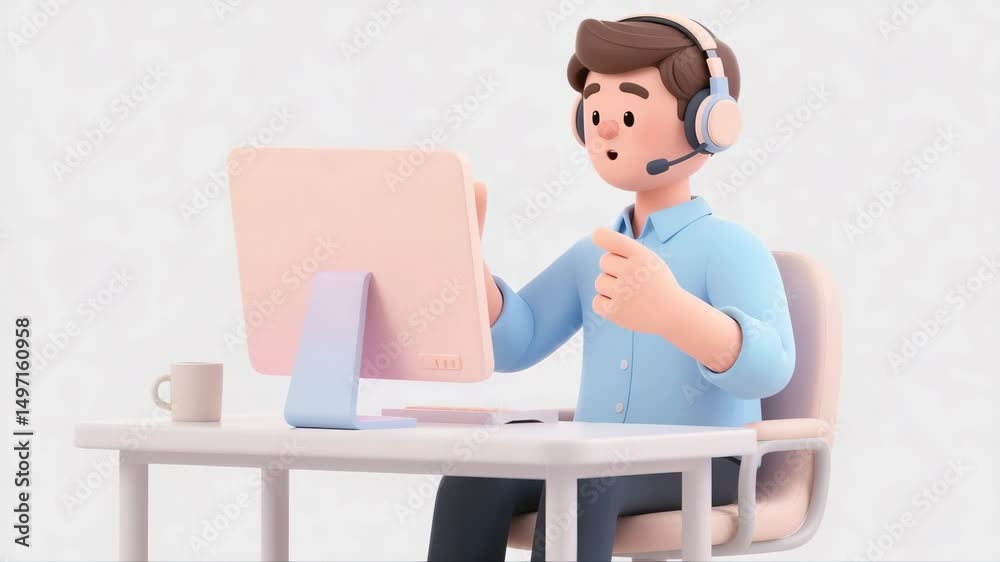 3d cartoon man in a blue shirt wears a headset and sits at a pastel desk, gesturing as he speaks during a video call. He looks focused and engaged while communicating through a large monitor.