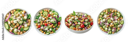 Variety of vibrant salad bowls featuring fresh vegetables, chickpeas, herbs, and feta cheese arranged in a line