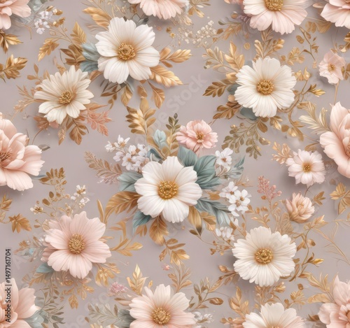 Pastel floral seamless pattern with gold accents; vintage wedding background, graphics, subtle
