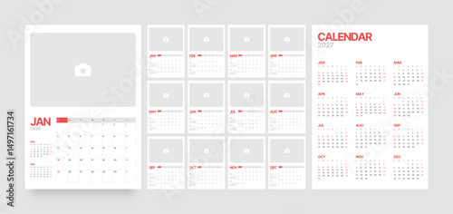 Monthly calendar layout for 2026 year. Vertical diary planner with place for photo for 2026 year. Week Starts on Sunday. Calendar Set for 2026 year.