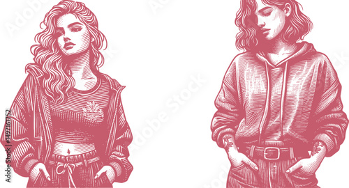 Vintage Woodcut Style Illustration Set of Woman in pink Streetwear – Hand-Drawn Engraving Design, Retro Fashion Aesthetic, Urban Outfit, Street Style Silhouette Art