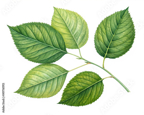 watercolor illustration of green leaves on a branch isolated on white background.