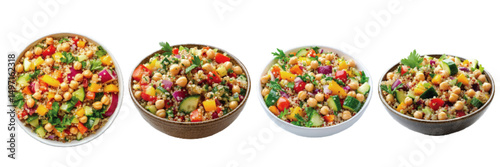 Colorful bowls of chickpea salad with mixed vegetables, showcasing fresh ingredients and vibrant colors on a white background