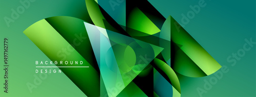Abstract geometric shapes overlap, creating dynamic gradients. Teal, green hues dominate design, suggesting modern aesthetic. Background text present.