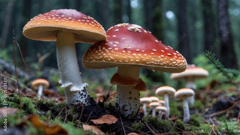 Obraz premium Mushrooms growing on forest floor with trees in the background. Nature and fungi, concept. Description of wild mushrooms and forest ecology.
