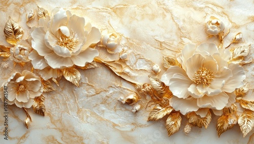 Creamy, gold-accented 3D flowers on marbled background