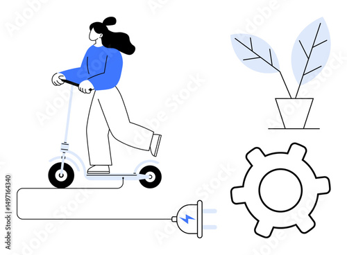 Woman riding electric scooter, power plug symbolizing energy, cogwheel for innovation, plant signifying sustainability. Ideal for mobility, technology, eco-friendly lifestyle, energy, innovation
