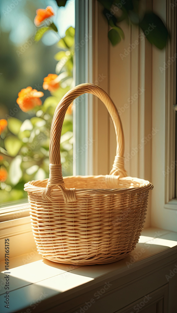 Fototapeta premium Willow Wicker Basket Abstract Background Image on Sunny Window Ledge Wallpaper