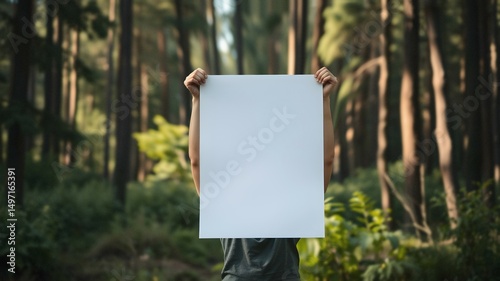 A person holding a vertical poster mockup outdoors, forest background. Active recreation outside the home. Caring for the environment