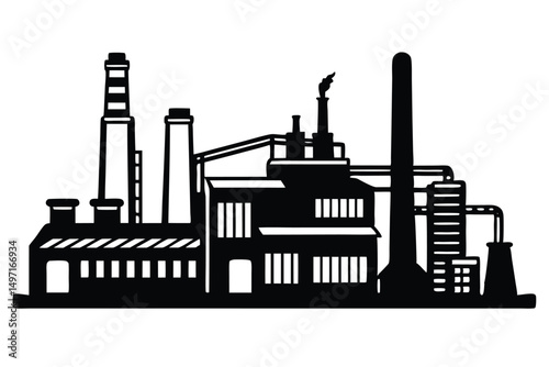 Industrial factory building silhouette icon illustrating power and manufacturing in an urban city