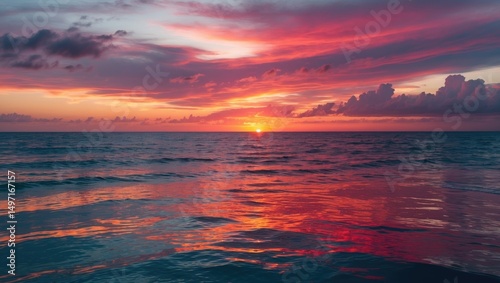 A vibrant sunset over the ocean with colorful clouds and reflection on the water.