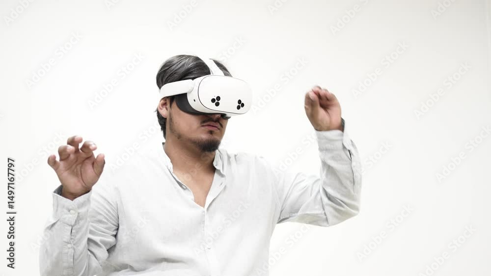 Man wearing virtual reality headset exploring digital environment, engaging with immersive technology against clean white background, representing futuristic interaction in virtual world Man wearing virtual reality headset exploring digital environment, engaging with immersive technology against clean white background, representing futuristic interaction in virtual world
