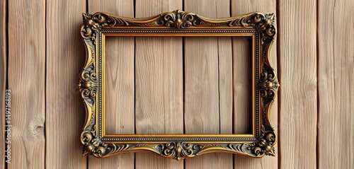 Antique ornate wooden picture frame on weathered wood background, rustic, brown