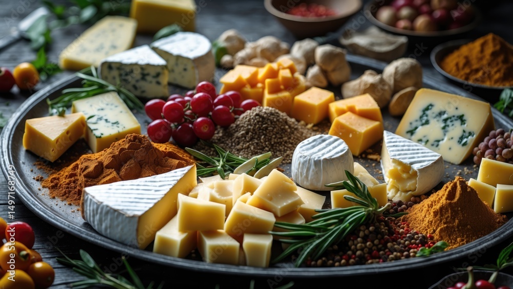 Fototapeta premium Assorted cheeses, herbs, and spices on a platter. Food and culinary, culinary art, food platter. Dairy and flavorings. The concept of gourmet and diverse cuisine.