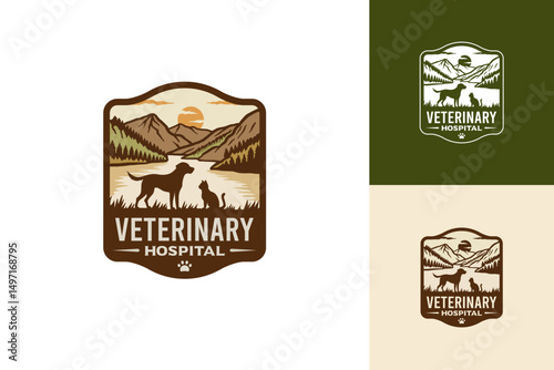 A vintage emblem logo illustration for a veterinary hospital, featuring a dog and cat with a mountain backdrop, river, and sunset.