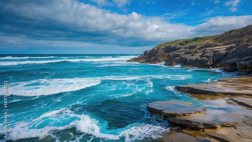 Obraz premium Stormy ocean coast with waves crashing against rocky shoreline under cloudy sky, scenic seascape.
