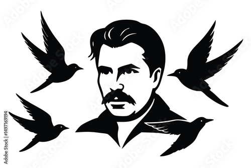 portrait of a man with mustache, striking pose, birds flying around him, detailed, high resolution, dramatic lighting, elegant, cinematic, black and white
