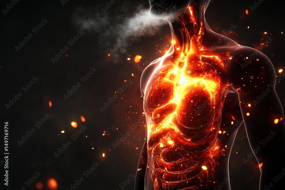 Burning human body anatomy internal organs on fire