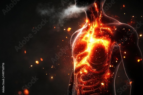 Burning human body anatomy internal organs on fire