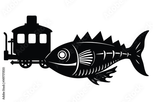 Silhouette illustration vector icon set of transport and construction vehicles with fish