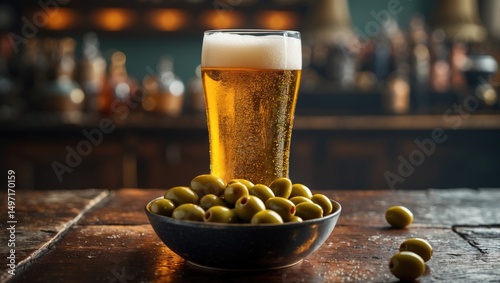 A glass of beer with a bowl of green olives on a rustic wooden table. photo