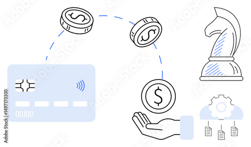 Coins exchanged between credit card and hand, knight chess piece, and cogwheel for financial strategy. Ideal for fintech, business, banking, transactions, strategy, innovation planning flat simple