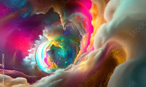 Vibrant cosmic swirl with colorful nebula and swirling clouds in a dreamlike space setting