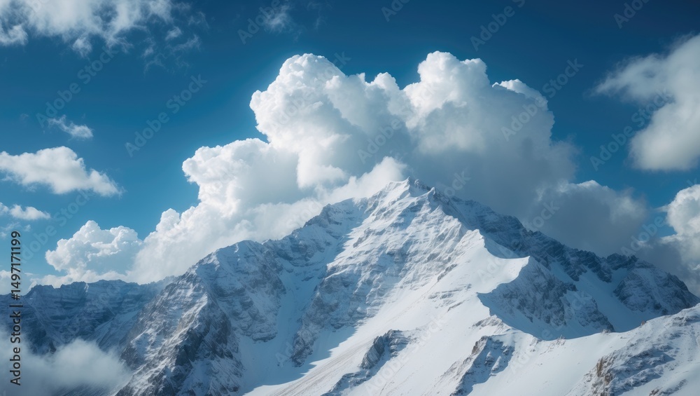 Obraz premium Snowy mountain peak with clouds in the sky.