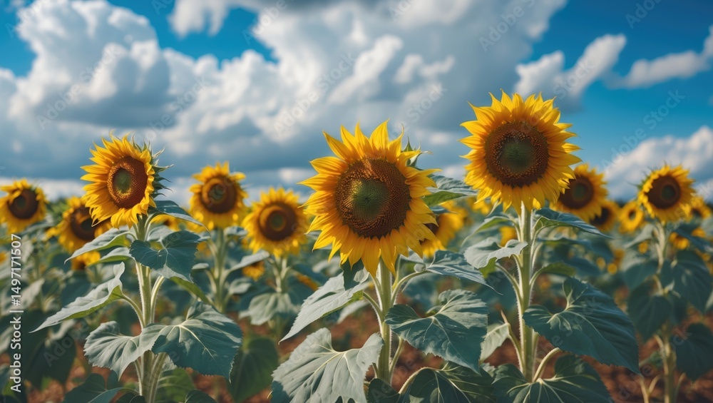 Fototapeta premium Sunflower field under a partly cloudy sky with vibrant blooms and green leaves.