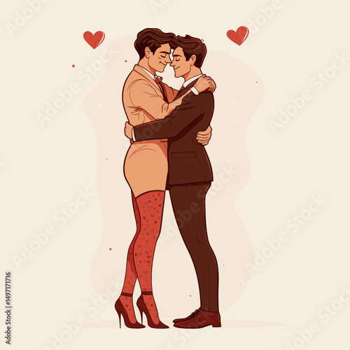 Gay men couple in a romantic embrace