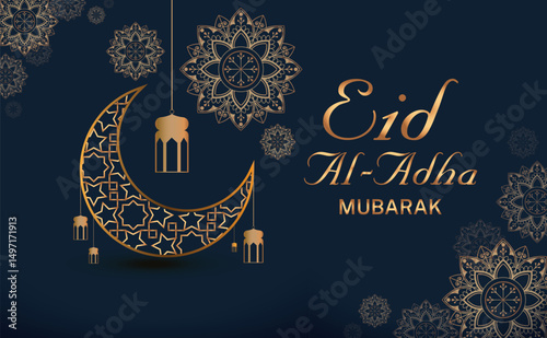 Eid Al Adha design poster, card, banner, template, with moon, lumps, dark blue background with vector 