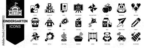 Kindergarten icon set. Containing icon of puzzle ,shape toy ,origami ,chalkboard ,backpack ,balloon ,feeder ,pinwheel ,rattle and more. Outline mixed black icons vector symbol background.