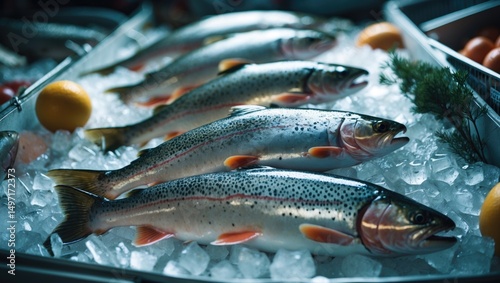 Fresh fish on ice with lemons, ready for sale or display. Seafood and market, concept. Freshness and quality of seafood. The concept of seafood market and perishable goods. photo