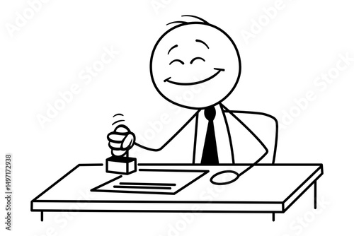 Cartoon stick figure notary stamping documents with satisfaction. Humorous illustration of bureaucratic work process.