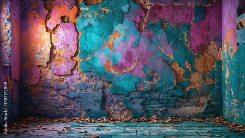 Colorful worn wall with peeling paint and damaged surface in a room with distressed flooring. photo