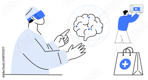 Person in VR headset interacts with neural interface. Nearby, a man shows content on a screen and a medical-themed shopping bag appears. Ideal for technology, healthcare, e-commerce, virtual reality